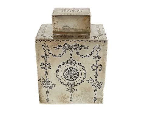 George V Silver tea caddy. With engraved decoration, Sheffield 1913, Height 9.5cm, weight 4.8 toz.Some tarnishing. Slightly p