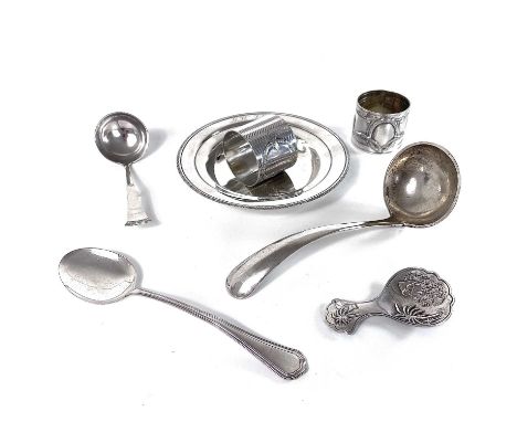 A Continental 900 silver small dish, diameter 13cm. Together with two Colombian silver plated napkin rings, a Dutch silver ca