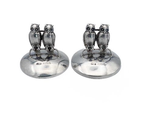 A pair of George V silver novelty menu holders by Levi &amp; Salaman. Each applied with a pair of owls, Birmingham 1920, heig