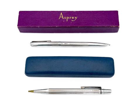 A 1970's silver Yard-O-Led ball point pen. In engine turned case, Birmingham 1976, within an Asprey box; together with anothe