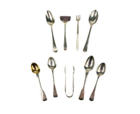 A selection of six George III and later silver hallmarked teaspoons. Together with a pusher spoon, a pair of sugar tongs and 