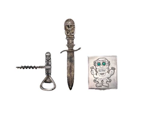 A Peruvian 925 silver letter opener, corkscrew and compact. Each cast with Pre-Columbian figures, the corkscrew and knife bot