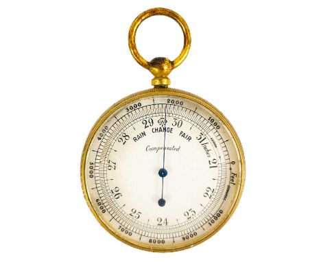 A Victorian pocket compensated barometer. Brass lacquer cased with silvered dial, complete with original traveling case, diam