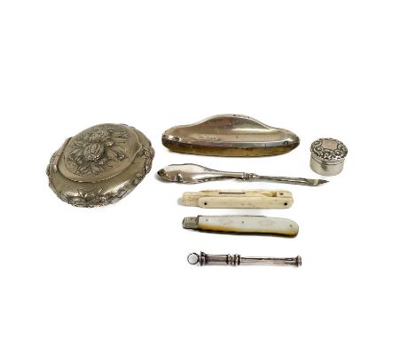 Miscellaneous silver to include an .800 snuff box.  Together with a hallmarked silver pill box, mother of pearl handle fruit 