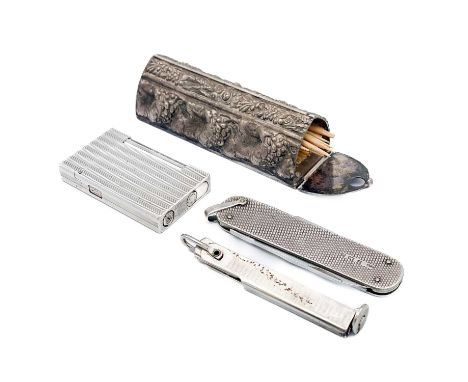 A silver engine turned folding pocket knife. Birmingham 1978; together with a chrome combination pipe tamper, a Dupont Paris 