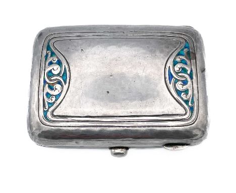 Archibald Knox for Liberty &amp; Co Ltd Arts &amp; Crafts silver and enamel cigarette case. With blue and green enamel Celtic