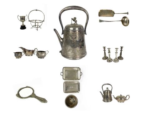 A large quantity of silver plate, including two pairs of candle sticks. To include a silver plated ladle, hand held mirror, g