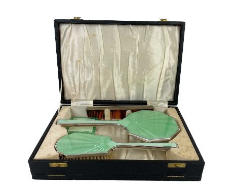 An George VI Art Deco silver green guilloche enamel cased four piece dressing table set.   By Deakin &amp; Francis, comprisin