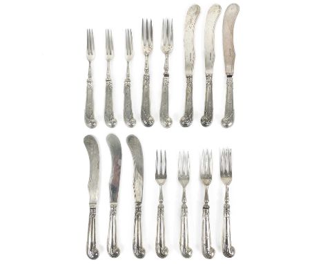 An incredible Victorian silver pistol grip handled knife and fork set for twenty two. By Harrison Brothers &amp; Howson, with