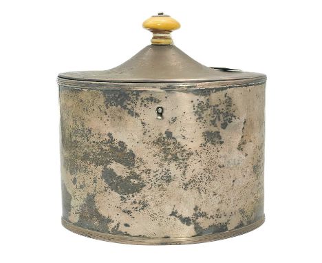 A George III silver oval section tea caddy. Oval form, with an ivory finial, height 14cm, London 1791, 12.8 toz. Ivory exempt