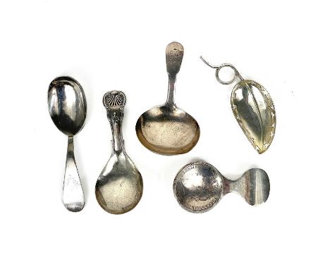 Five Georgian silver tea caddy spoons. Including a King's Pattern caddy spoon by Joseph Willmore, Birmingham 1817; a spoon wi