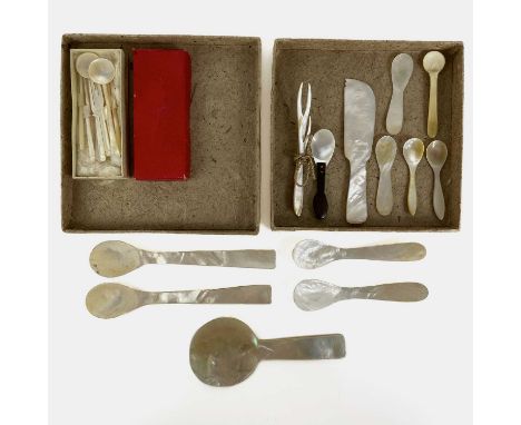 A collection of mother of pearl dishes and spoons. The largest dish 24cm diameter.Images of the dishes now online.