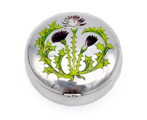 A Victorian silver and guilloche enamel circular pill or snuff box. The hinged lid enamelled with a thistle, indistinct maker