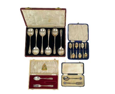 A George VI silver Royal Coronation Commemorative fork and spoon cased set. The finial with blue enamel and cast with King Ge