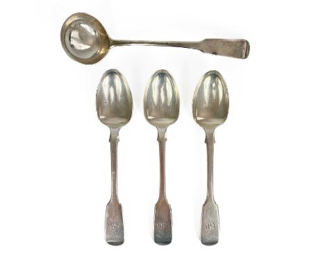 A George III Scottish silver fiddle pattern sauce ladle and set of three Victorian teaspoons. The ladle by John Zeigler, Edin