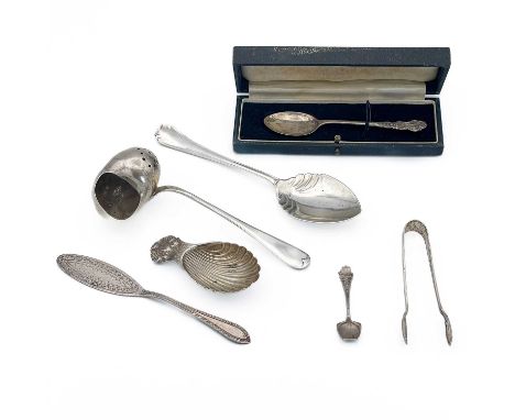 A collection of silver cutlery. Including a sifter spoon in the form of a snail shell, London 1922, a modern Georgian style c