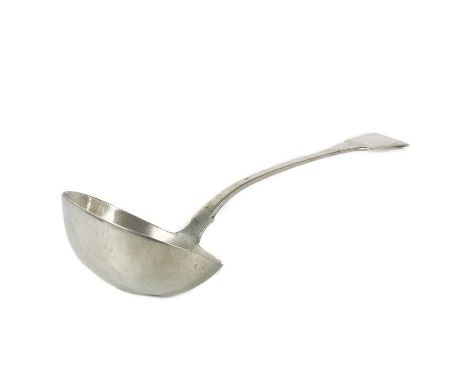 A George III silver fiddle pattern soup ladle by Richard Poulden.  London 1818, length 33cm, 7.5 toz.The bowl is slightly mis