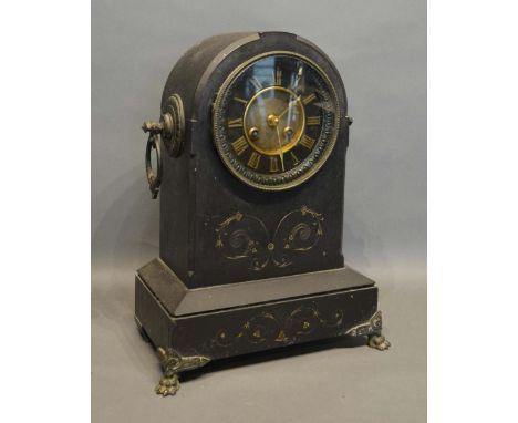 A Victorian Black Slate Mantel Clock of domed form, dial with Roman numerals and two train movement, 39cm tall 