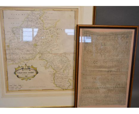 An Early Woollen Sampler dated 1820, together with an early coloured map of Oxfordshire by Robert Morden 