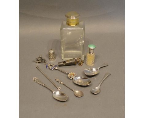A London Silver and Glass Dressing Table Bottle by Asprey, together with a silver and enamel snuff bottle and various silver 