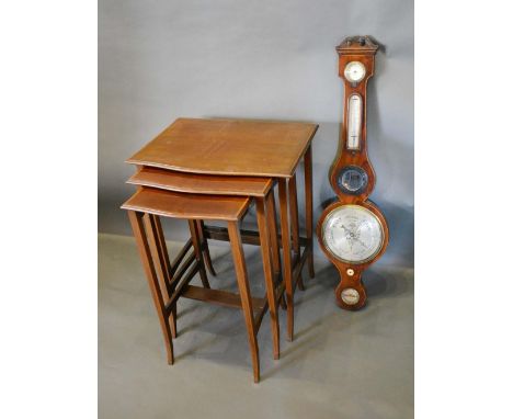 An Edwardian Mahogany Satinwood Inlaid Nest of Three Occasional Tables, together with a 19th century wheel barometer/thermome