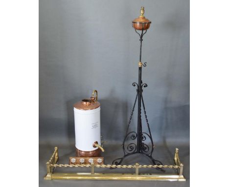 A Brass Fender of Spiral Twist Form, together with a copper and enamel water heater, a wrought iron lamp standard and four co