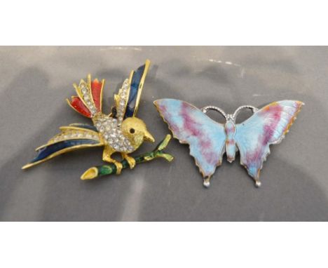 An Enamel and Paste Set Brooch int he form of a bird, together with another similar brooch in the form of a butterfly 