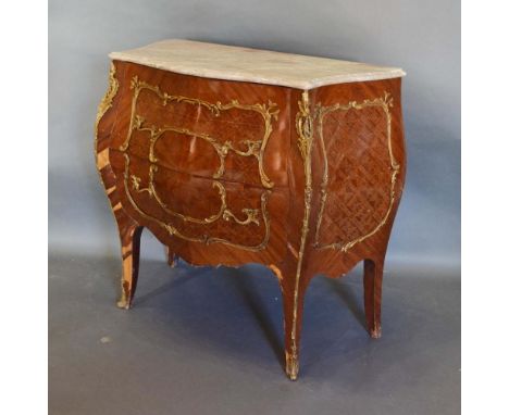 A French Kingwood Marquetry Inlaid and Gilt Metal Mounted Bombe Commode, the variegated marble top above two drawers, raised 