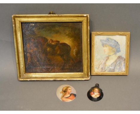 Two Porcelain Portrait Miniatures, together with an Edwardian portrait miniature and an 18th/19th century oil on panel 