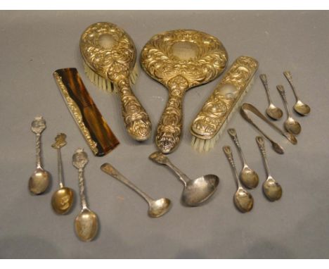 A Birmingham Silver Backed Four Piece Dressing Table Set, together with various silver spoons to include a Georgian silver ca