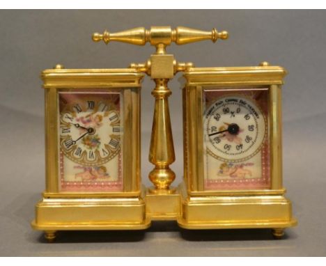 A French Brass Cased Double Carriage Clock Barometer with hand painted porcelain panels and porcelain face, the clock with le