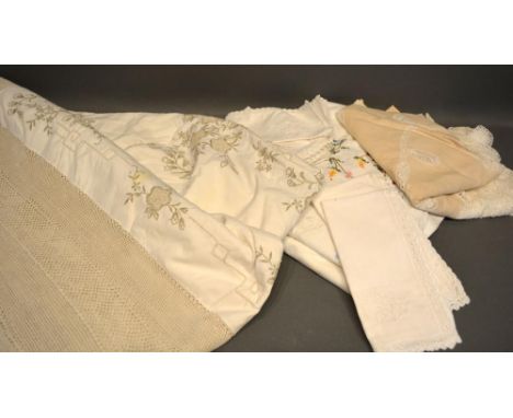 An Embroidered Lace Work Tablecloth together with a small collection of similar textiles and a Liberty hockey stick signed by