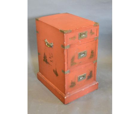 A Chinese Red Lacquered Chest of Three Drawers with sunken brass handles and with brass side handles, raised upon a plinth, 3