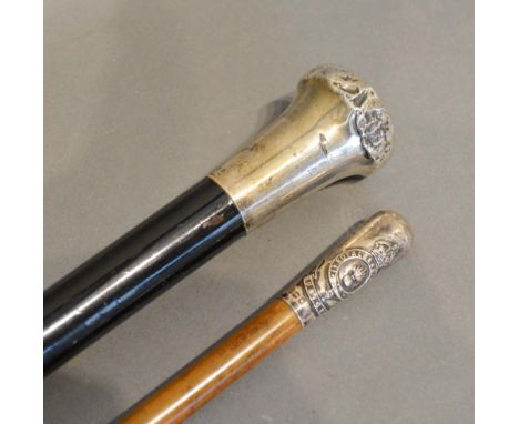 A Royal Engineers Silver Topped Swagger Stick, together with a silver topped walking cane 