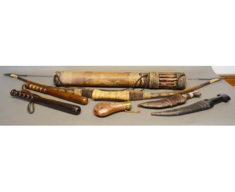 An African Bow, together with arrow case containing arrows, together with a copper powder flask, two truncheons, two jambiya 