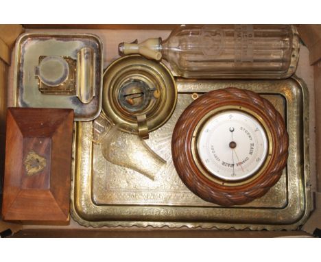 A mixed collection of items to include Georgian tea caddy, silver plated ink stand, antique oil lamp and a vintage barometer.