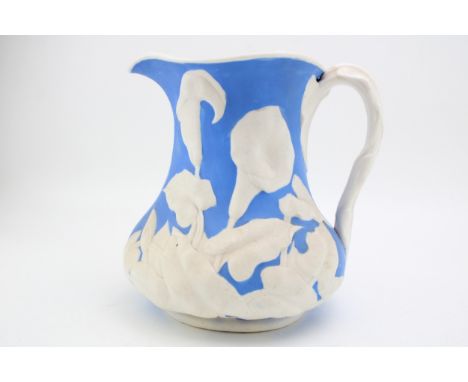 Livesley Powell &amp; Co Victorian ewer with blue background and white moulded relief decoration, 19cm tall.  In good conditi