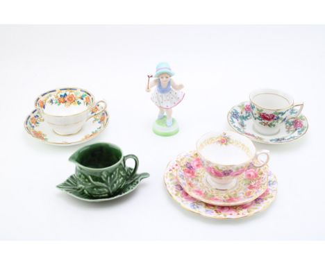 A Royal Worcester figure of Sunday's Girl, with a Royal Albert Serena trio, a Grosvenor china duo and two others (Qty).  In g