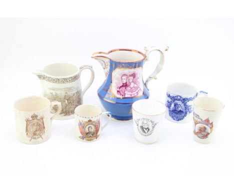 A collection of antique commemorative ware to include a lustre glazed 'Queen Victorian &amp; Prince Albert' jug, Edward VII m