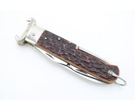 INOX bone handled multi tool pocket knife with twin blade, various tools and shotgun cartridge removal tool for 12 and 16 bor