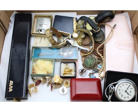 A collection of costume jewellery and fashion watches to include imitation pearls, pre-decimal coinage, cufflinks and others 