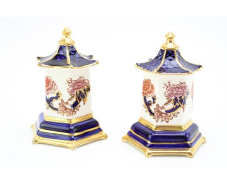 A pair of Masons Ironstone limited edition pagoda figures, blue mandalay design, 10cm tall, both early edition numbers (2).  