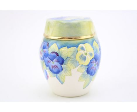 Moorcroft Enamel lidded ginger jar in the Pansy design, 1998, 7.5cm tall.  In good condition with no obvious damage or restor