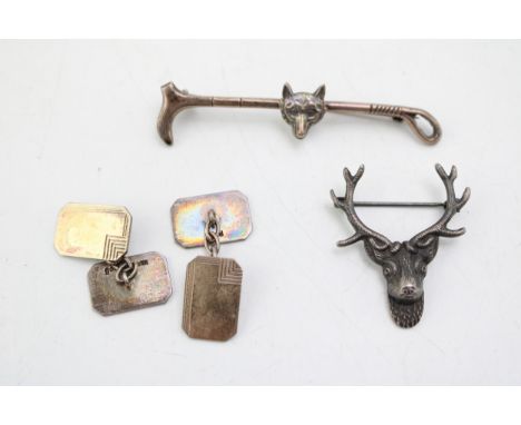 A fox &amp; riding crop silver brooch with a stag brooch &amp; a pair of Art Deco style 9ct gold on silver cuff links  very g