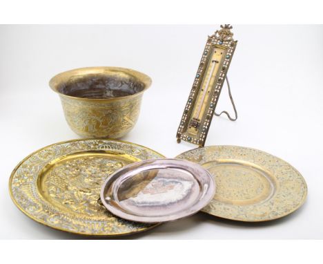 A collection of brassware to include a gem set thermometer with ivorine plaquette, an oriental brass jardiniere, probably Chi