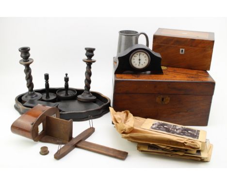 A collection of Stereoscope photographic cards and a viewer together with a wooden writing slope box, jewellery box together 