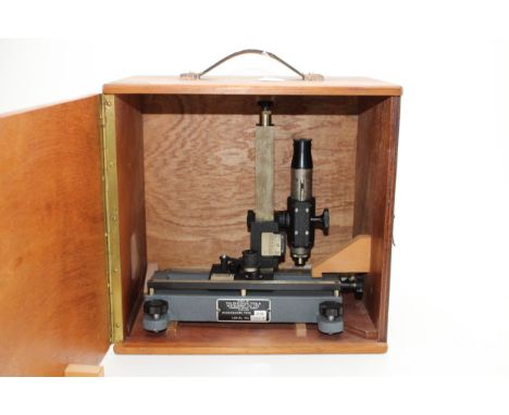 Precision Tool Co. Travelling Miscoscope in wooden box, 32cm tall.