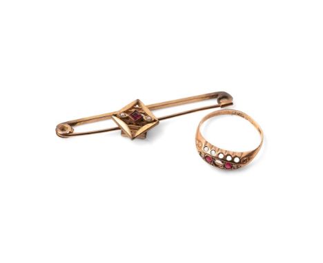 A 9ct gold and paste vintage dress ring of boat form, a/f central stone missing, size M, 1.8g, and a vintage plated pin or ba