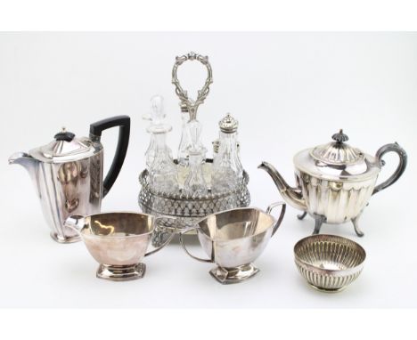 Silver plate to include a glass conditment set, a tea service and others (Qty - collection only).