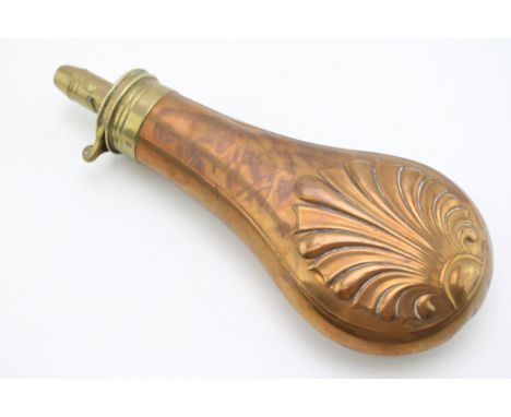 Antique powder flask in brass and copper by James Dixon &amp; Sons Sheffield, length 20.5cm.  In original antique condition w